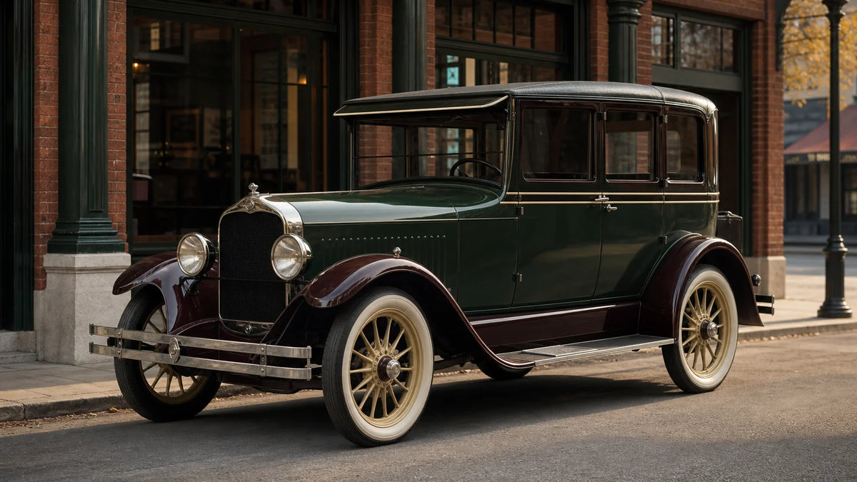 Historically styled 1920s American touring sedan outside a period brick dealership.