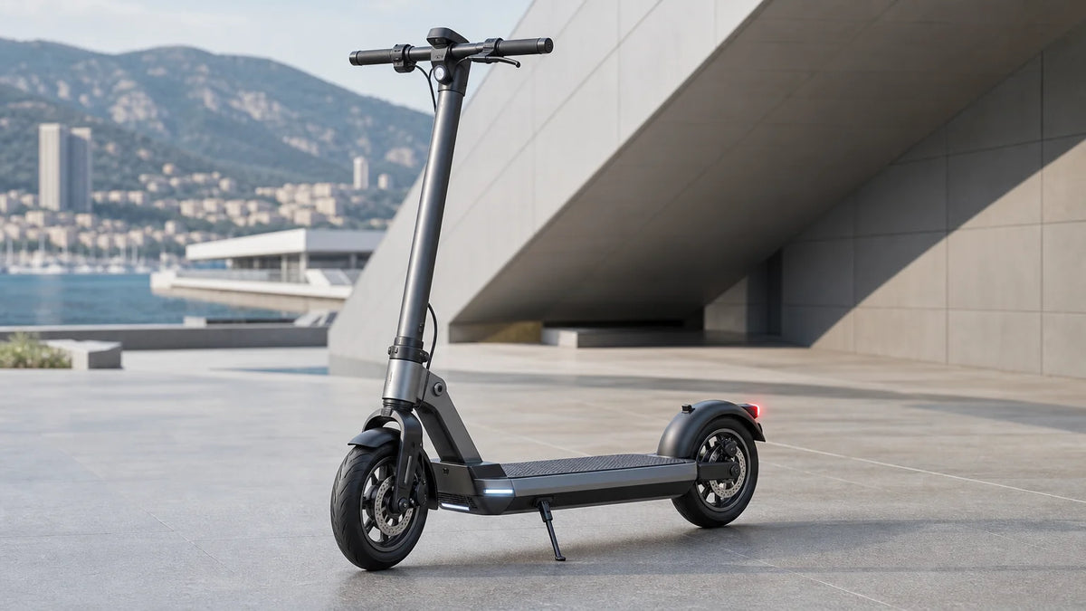 Premium electric scooter displayed in a modern urban plaza