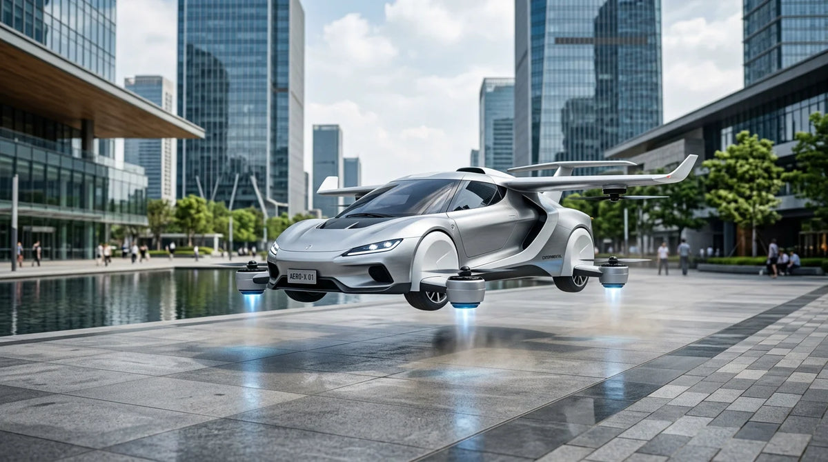 Futuristic road-legal flying car lifting off a modern plaza in daylight