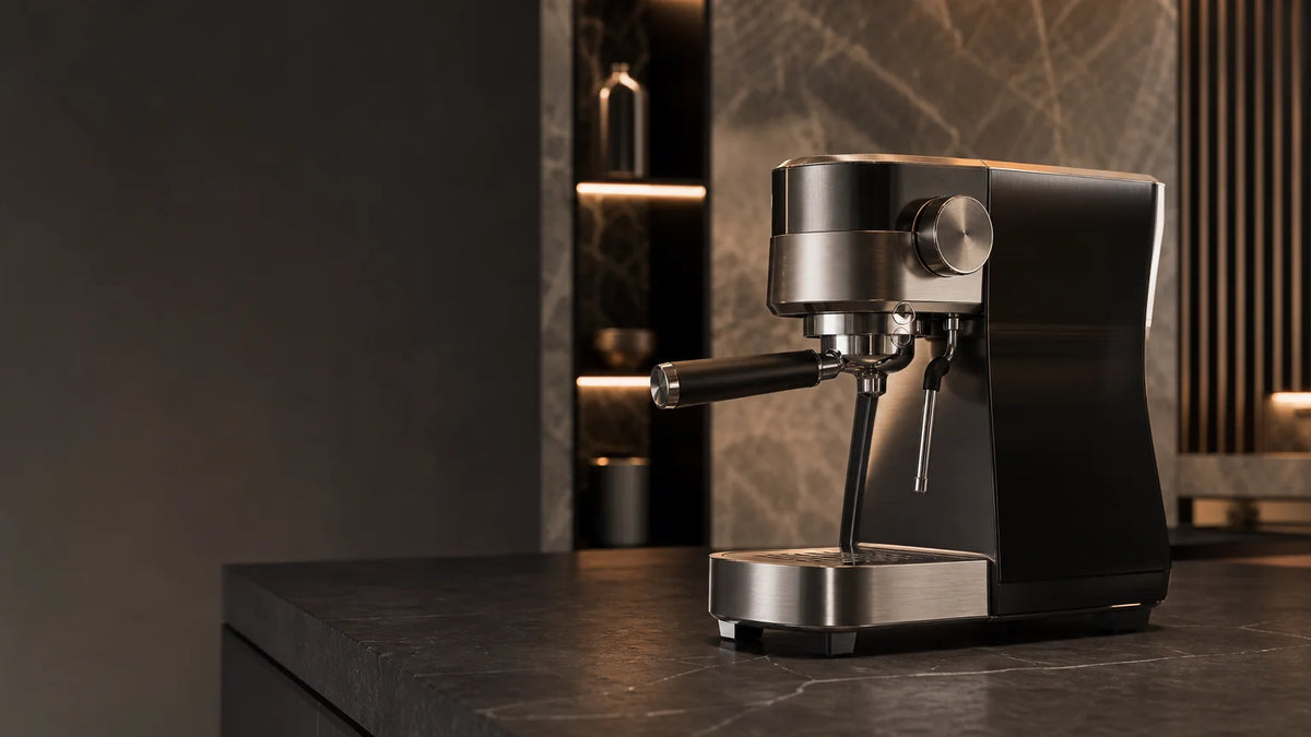 Sculptural luxury espresso machine on a dark stone kitchen counter