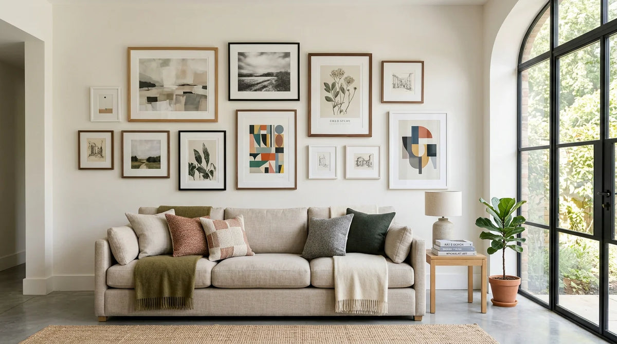 Curated arrangement of framed fine art prints on a modern interior wall