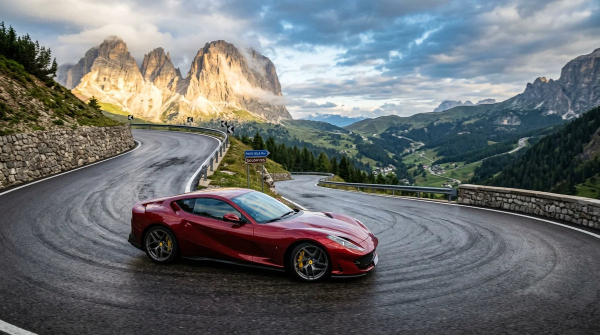An Italian luxury sports car on a winding mountain road at dawn