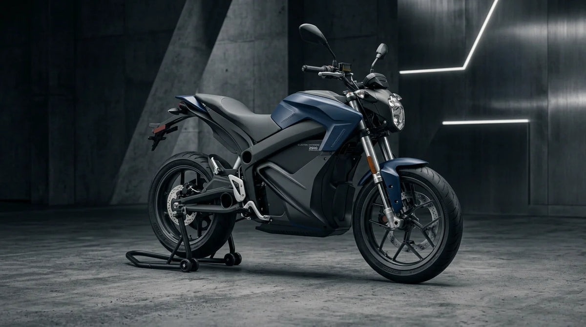 Sleek electric motorcycle in a minimalist studio setting