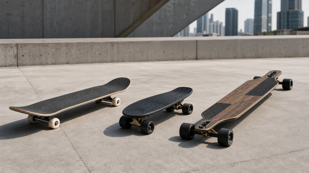 Three different skateboard formats arranged on a contemporary concrete plaza