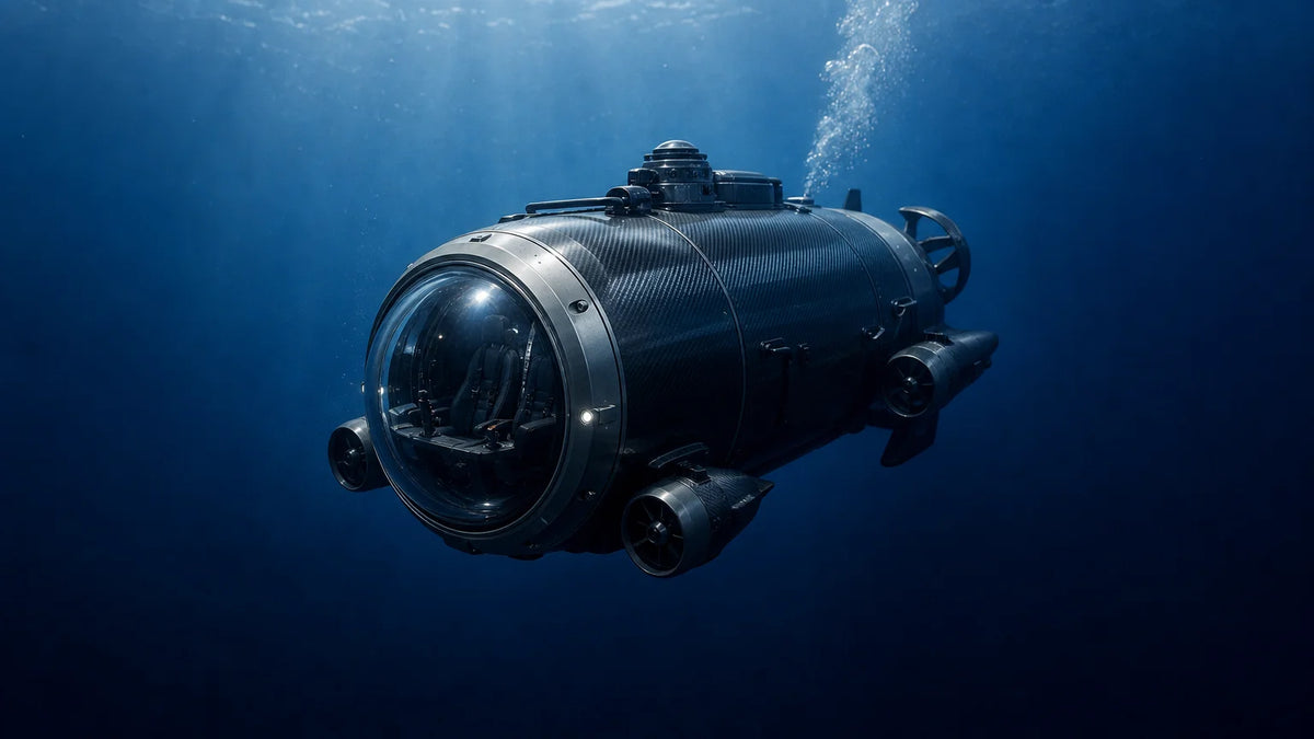 Compact personal submersible with a dark composite pressure hull descending underwater.