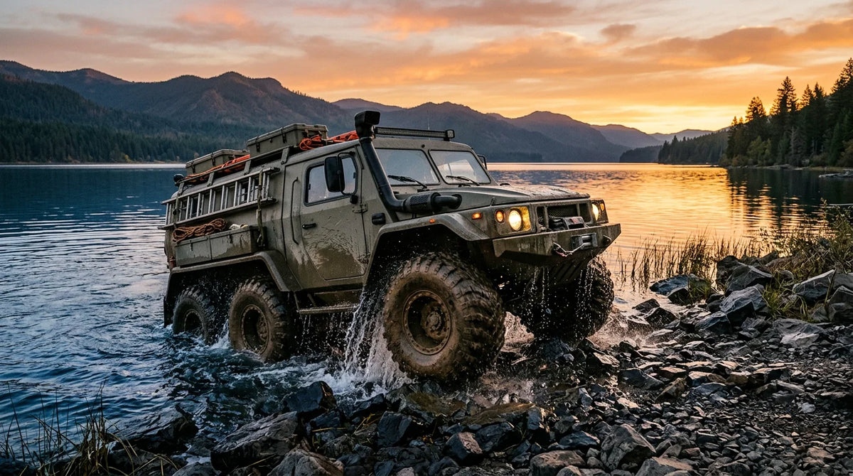 Amphibious vehicle emerging from a lake onto a rocky shore at dawn