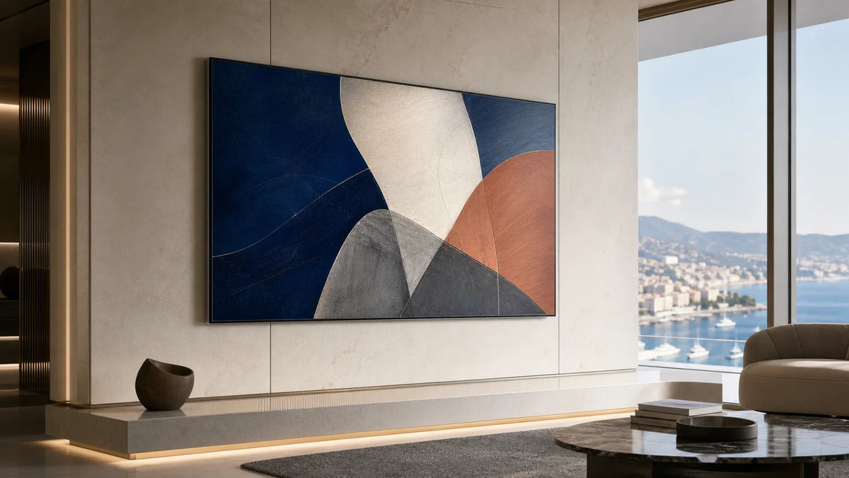 Digital art display showing an abstract artwork in an elegant modern interior