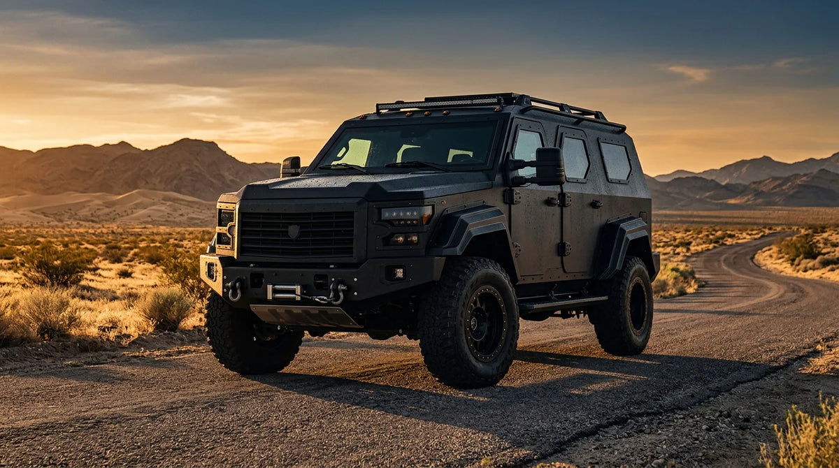 Massive black armored luxury SUV on a desert road at golden hour
