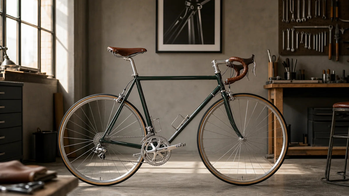 Bespoke road bicycle displayed in a contemporary frame-building workshop