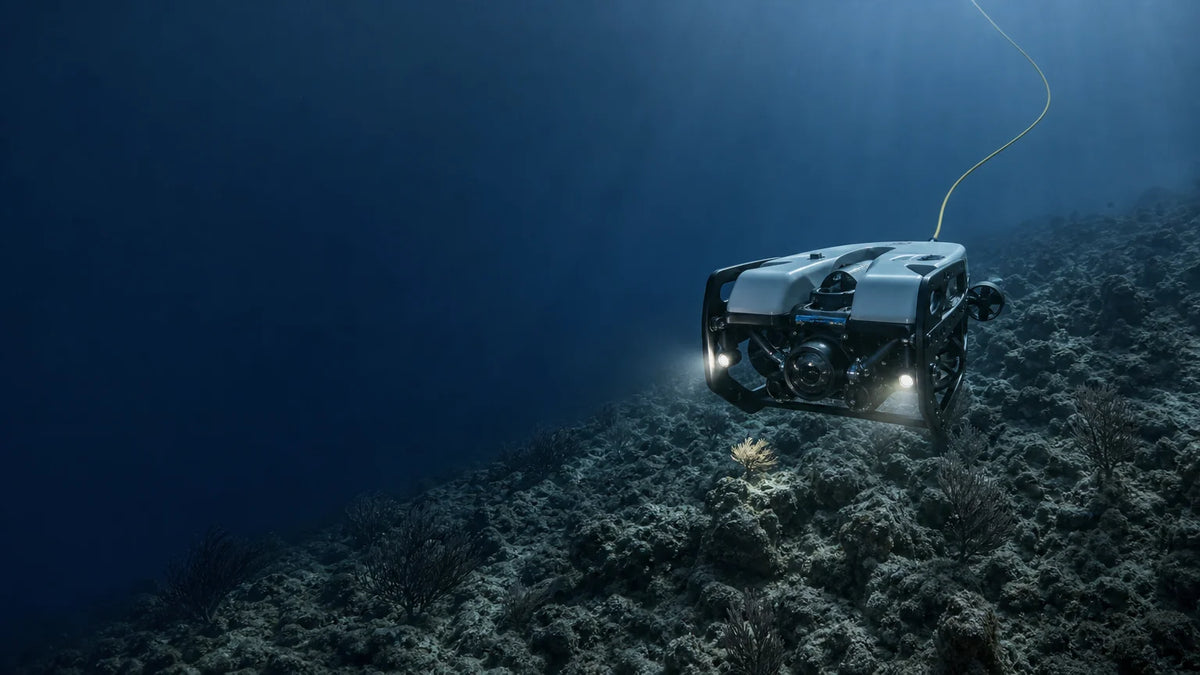 Underwater remotely operated vehicle hovering above a rocky seabed
