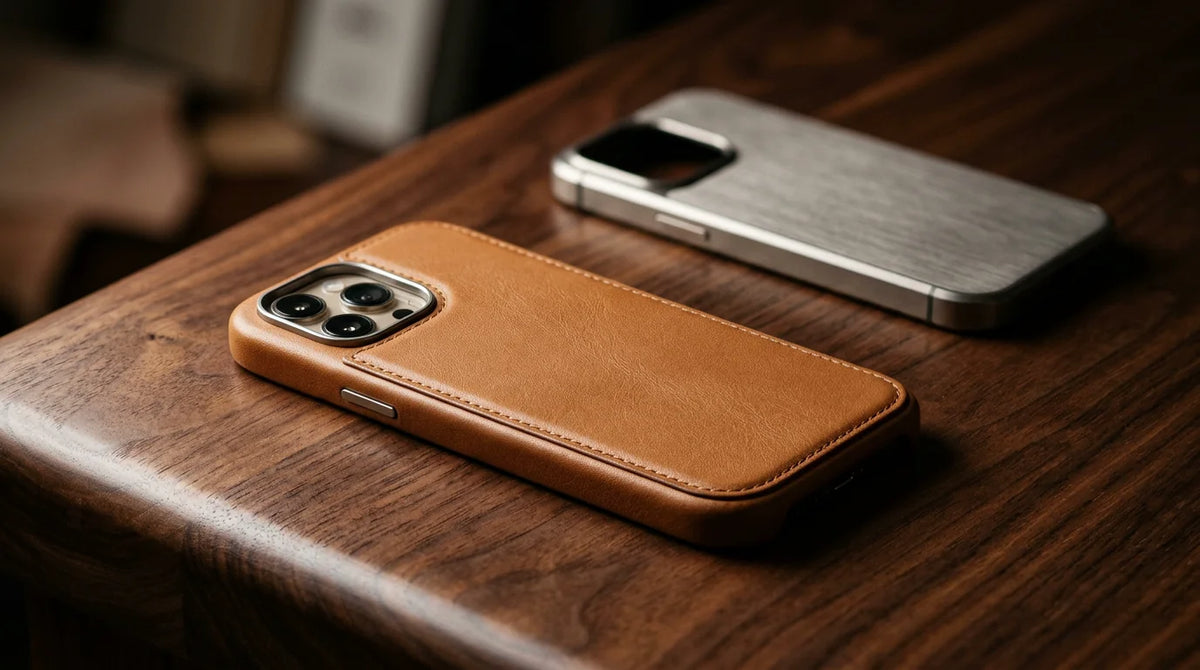 A full-grain leather luxury phone case on a dark wooden surface