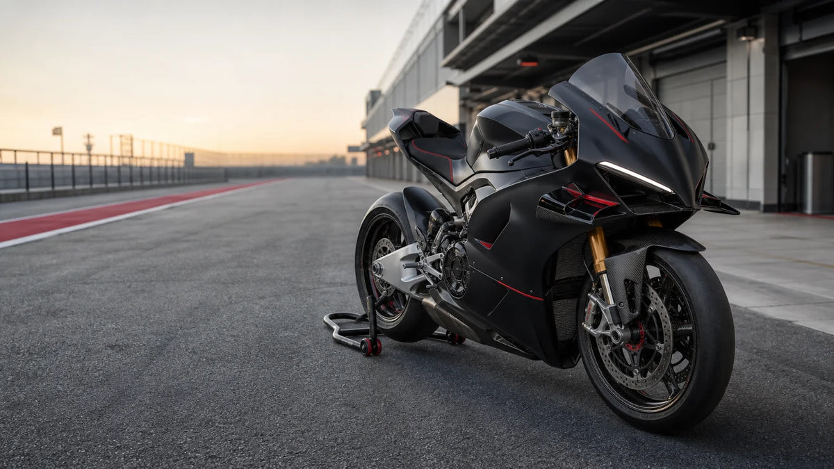 Matte black and carbon-fiber track superbike photographed alone in a circuit pit lane.