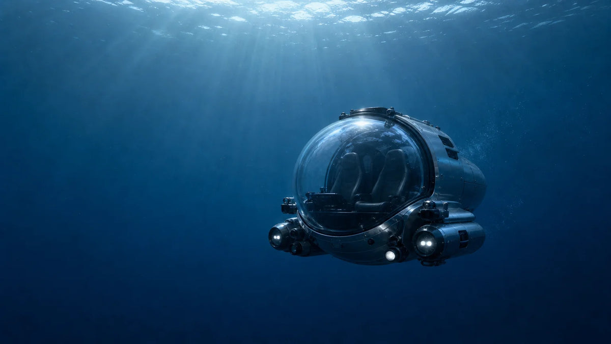 Compact personal submersible descending through clear blue water