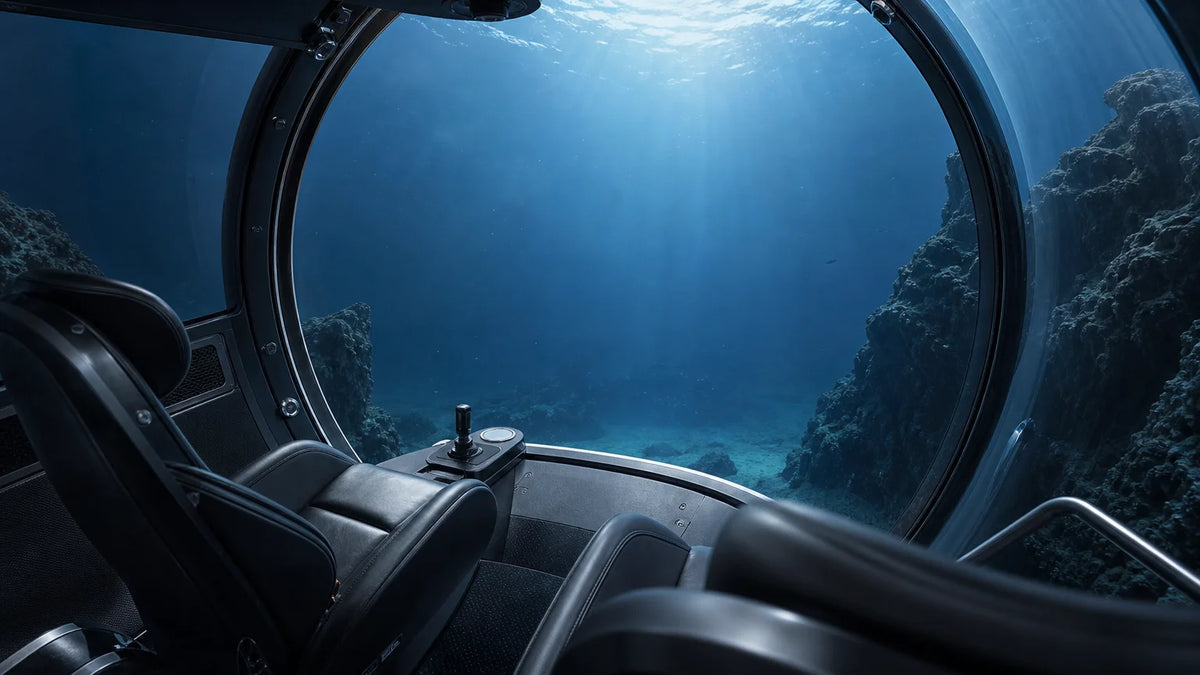 Luxury personal submersible cabin with curved transparent acrylic viewing hull and ergonomic passenger seats.