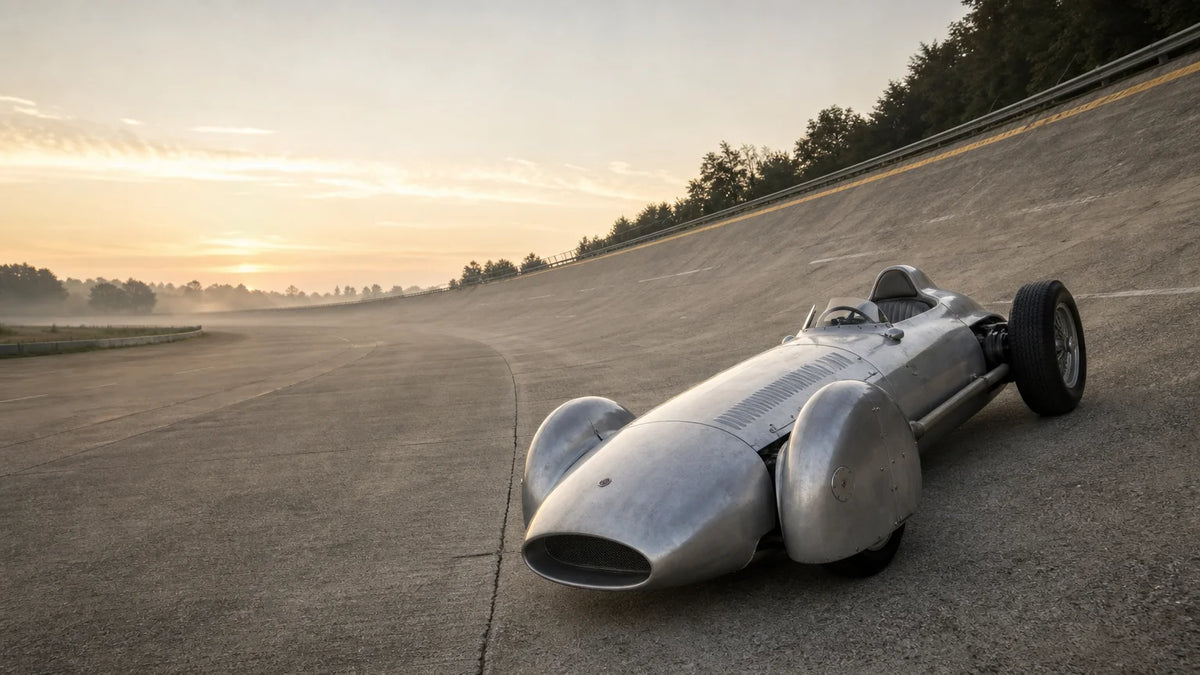 Silver 1950s Grand Prix streamliner race car on a historic banked circuit