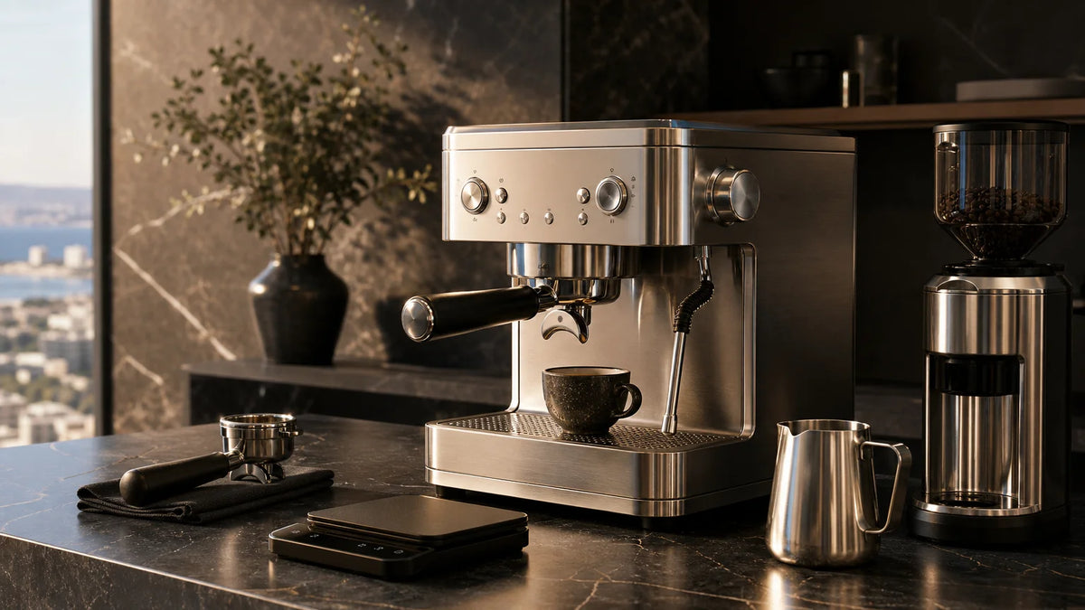 Luxury espresso machine, grinder, coffee scale, and accessories arranged on a refined stone counter.