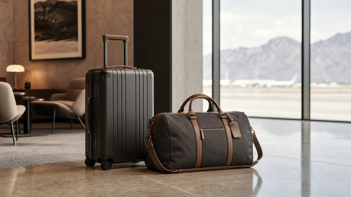 Two refined travel bags arranged in a modern airport lounge.
