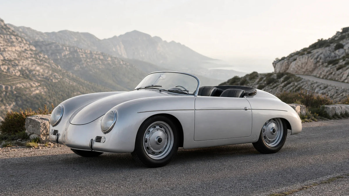 Silver 1950s open-top sports car with a low windshield on a quiet mountain road.