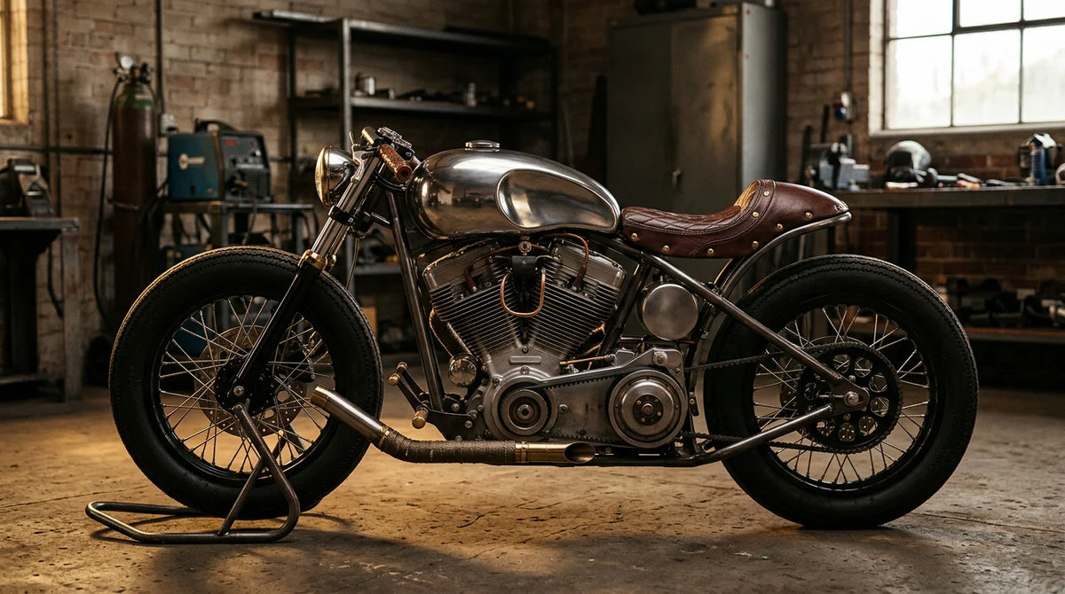 Bespoke custom motorcycle displayed in a refined studio setting