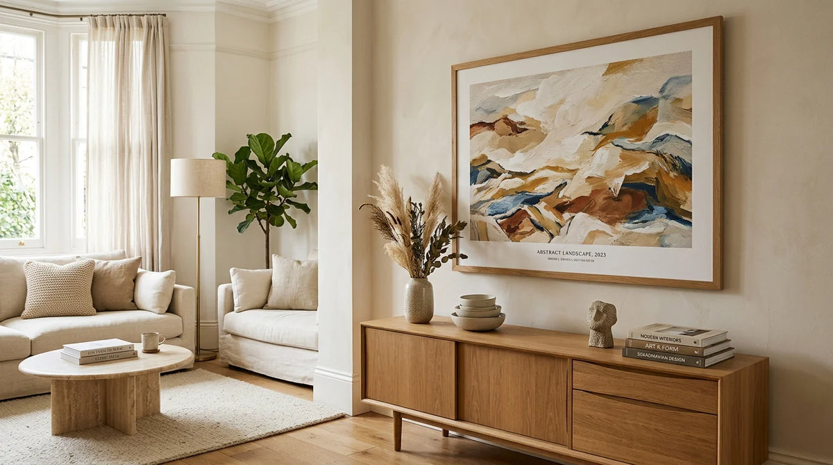 A refined living room with a large framed art print above a sideboard