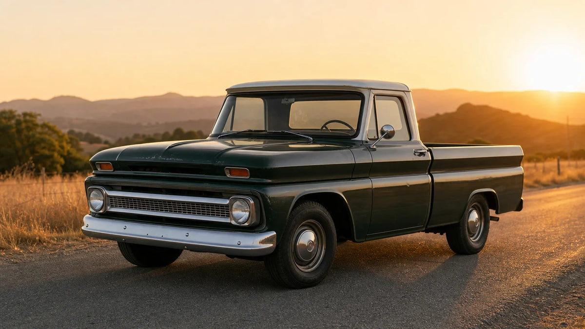 Three-quarter view of a vintage 1960s half-ton pickup parked on a rural road.