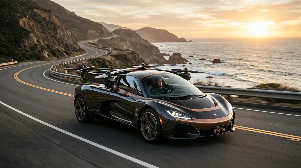 Modern personal flying car on a coastal road at golden hour