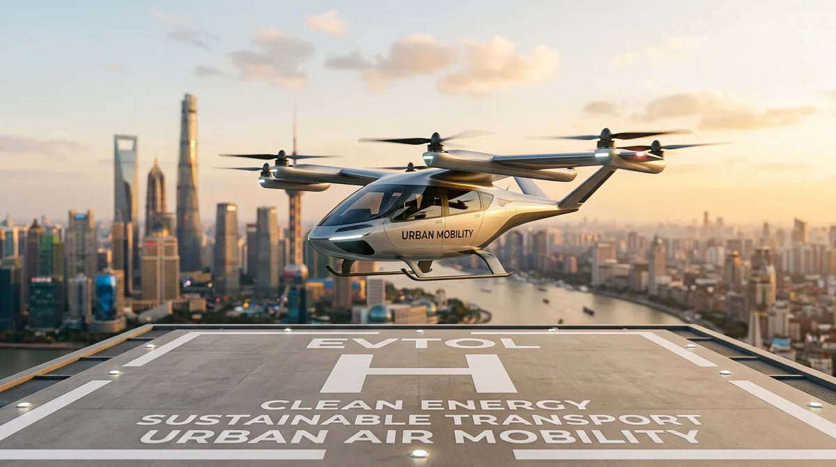 A modern electric flying car hovering above a minimalist landing pad at golden hour