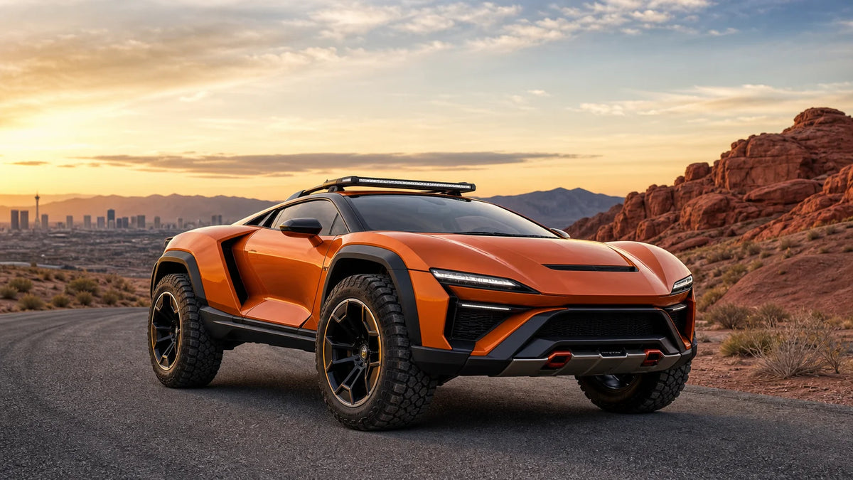 Unbranded orange all wheel drive supercar on a desert road outside Las Vegas