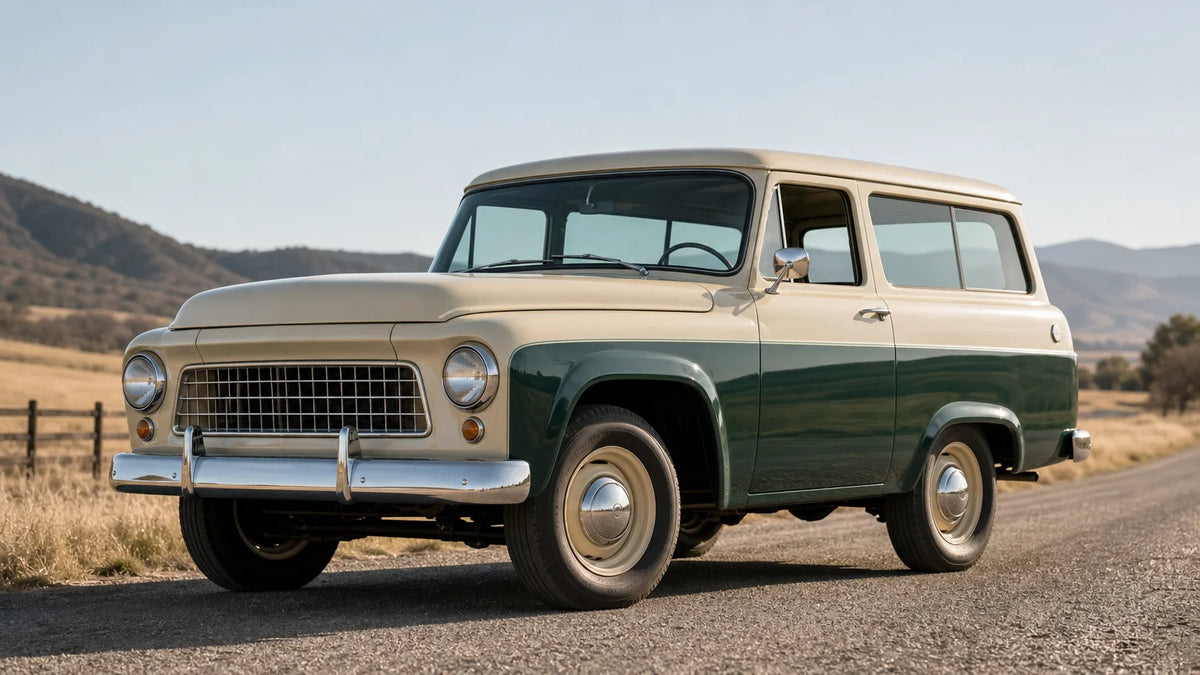 1955-style two-door American carryall wagon with rounded fenders and a trapezoid grille on a rural road