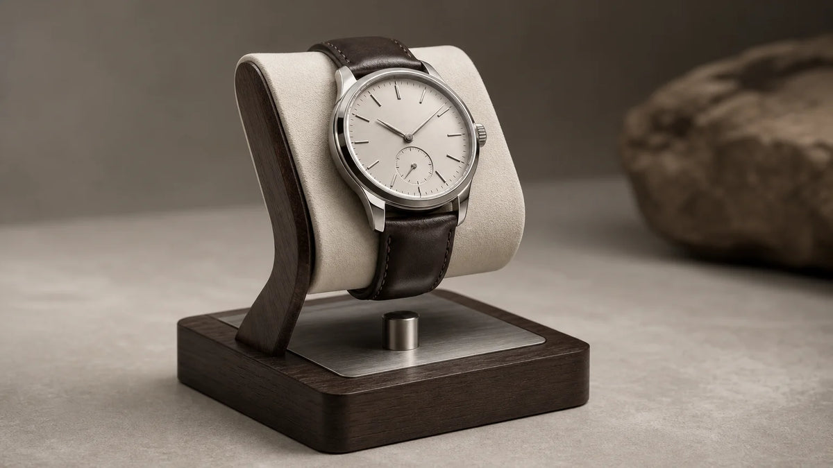 Luxury wristwatch displayed on a sculptural stand with a padded support and substantial base.