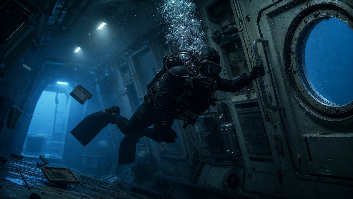 A stunt performer moves through a tilted submarine interior underwater on a practical film set.