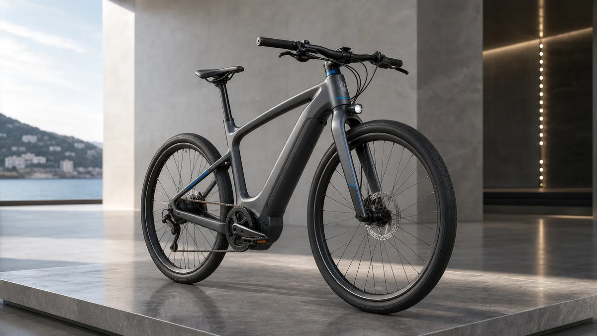 A premium electric bicycle displayed alone on a polished platform in a minimalist architectural gallery.