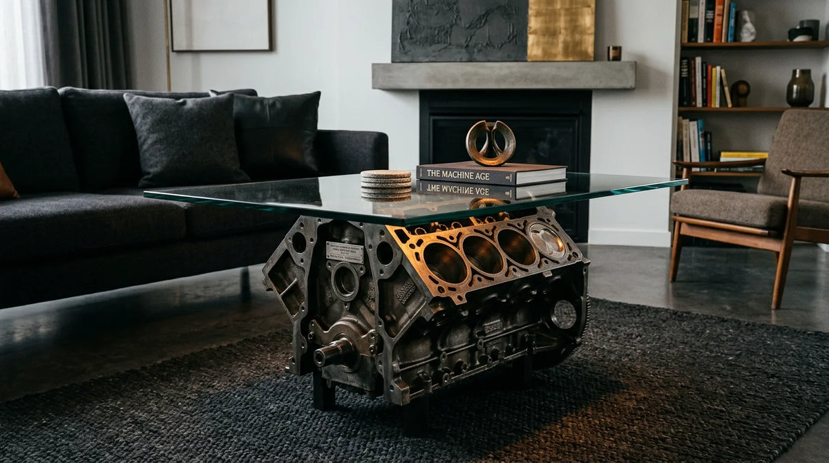 Authentic engine block coffee table displayed as a centerpiece in a contemporary living room