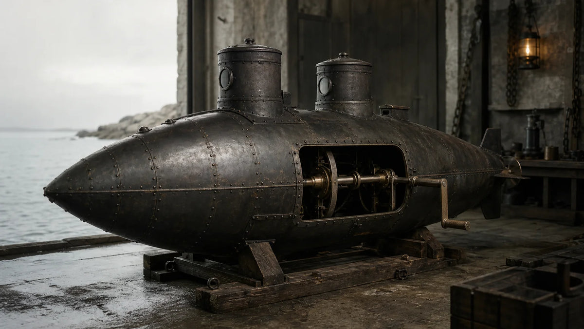 Historically grounded hand crank submarine with a compact iron hull beside dark water.