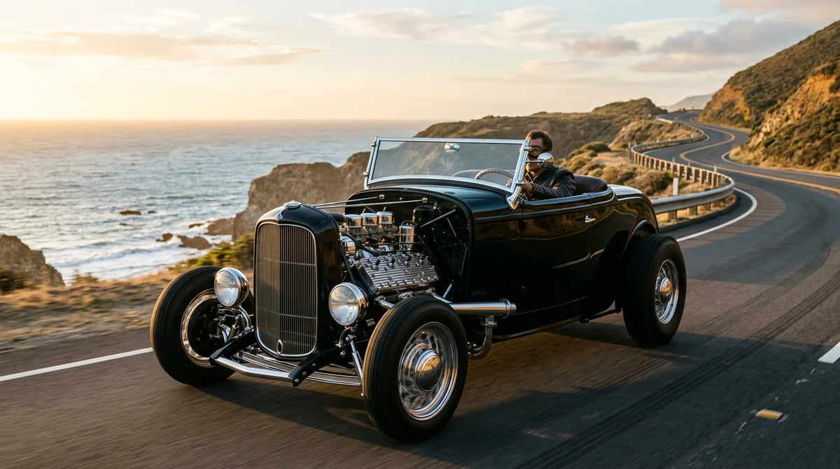 1932 Ford Deuce roadster hot rod on an open road at golden hour