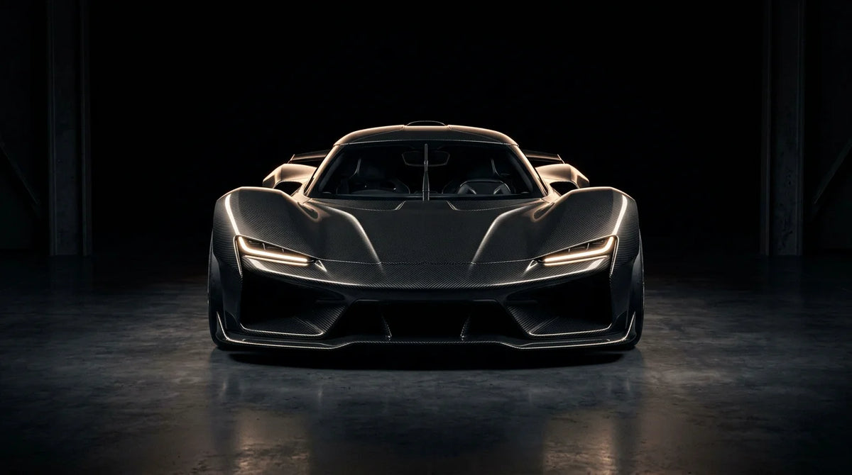 A sleek carbon fiber hypercar in a dark studio under dramatic lighting