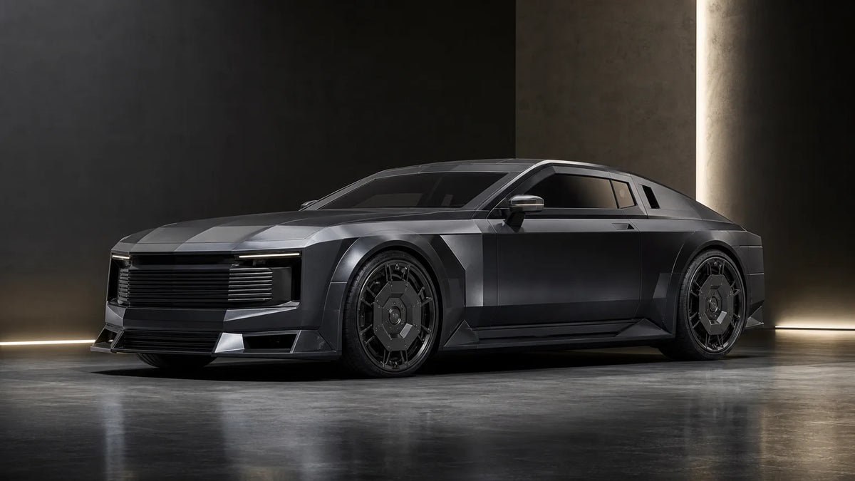 Graphite armored luxury performance coupe displayed in a refined automotive studio.