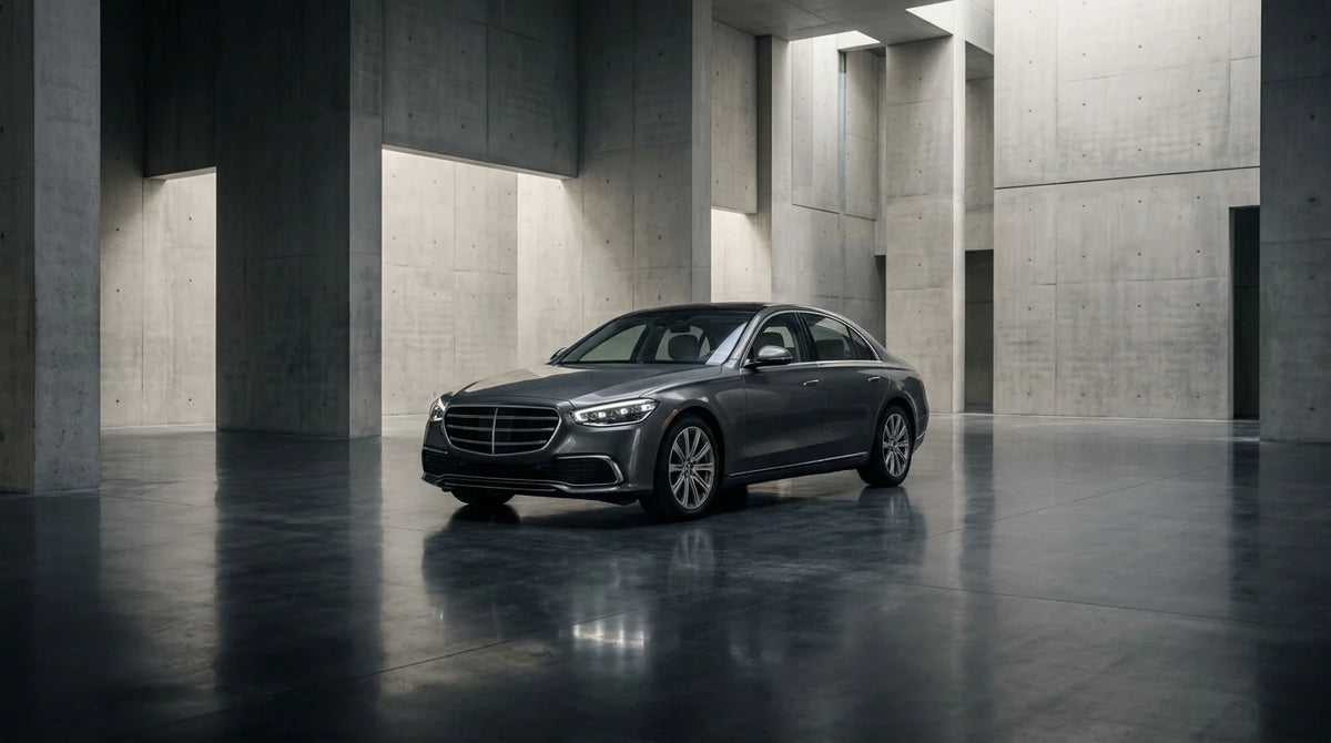 Elegant luxury sedan in a minimalist architectural hall