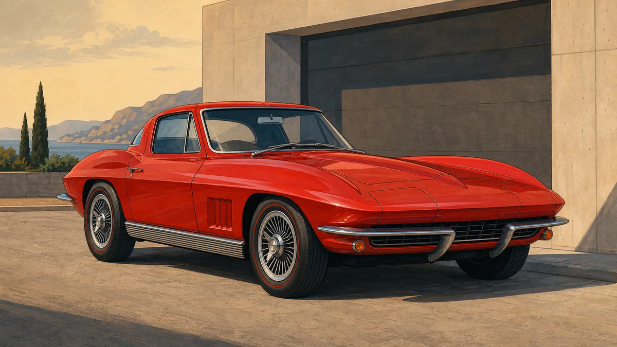 Red 1963 split-window competition Corvette photographed from the front three-quarter view on a quiet road.