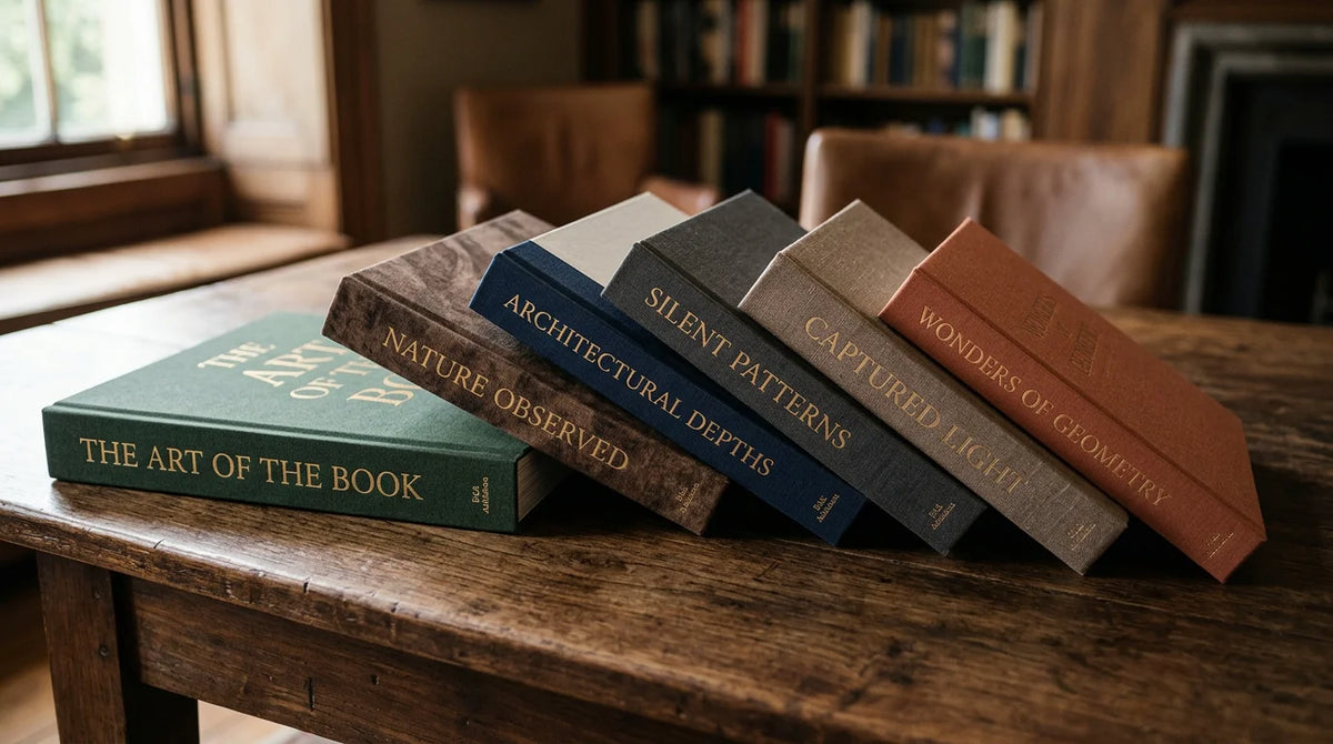 Curated arrangement of large-format hardcover coffee table books on a dark wooden table