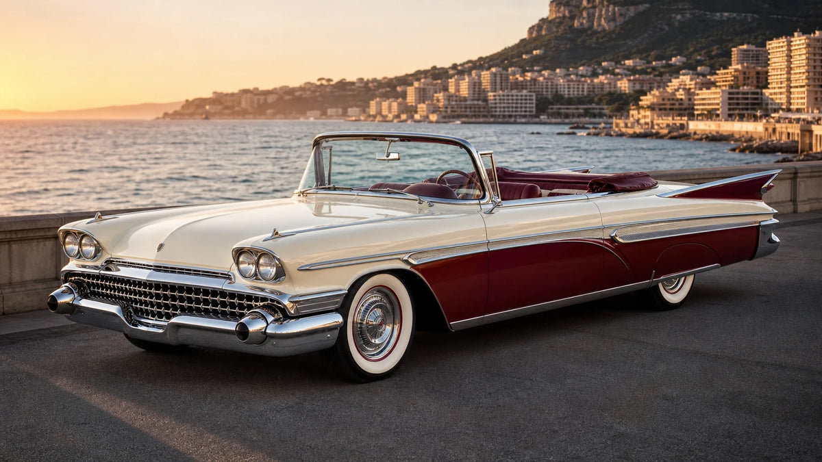 1956 Cadillac Eldorado Biarritz style convertible photographed on a coastal boulevard at golden hour.