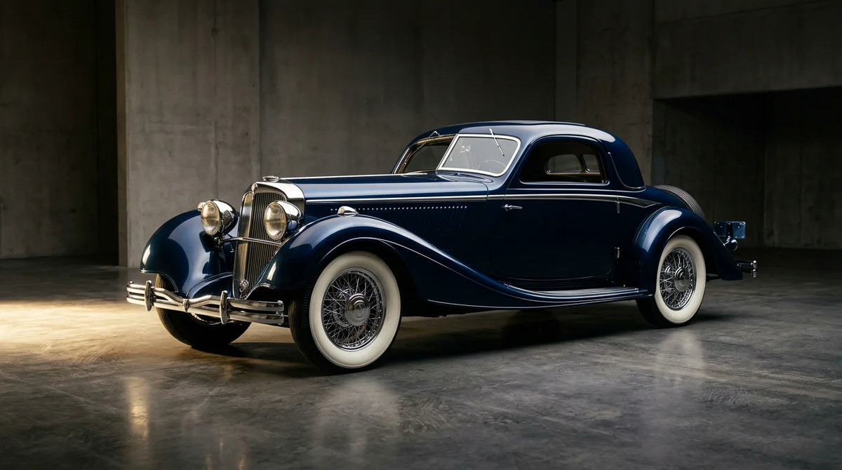 Elegant 1930s prewar classic car with art deco styling under studio lighting