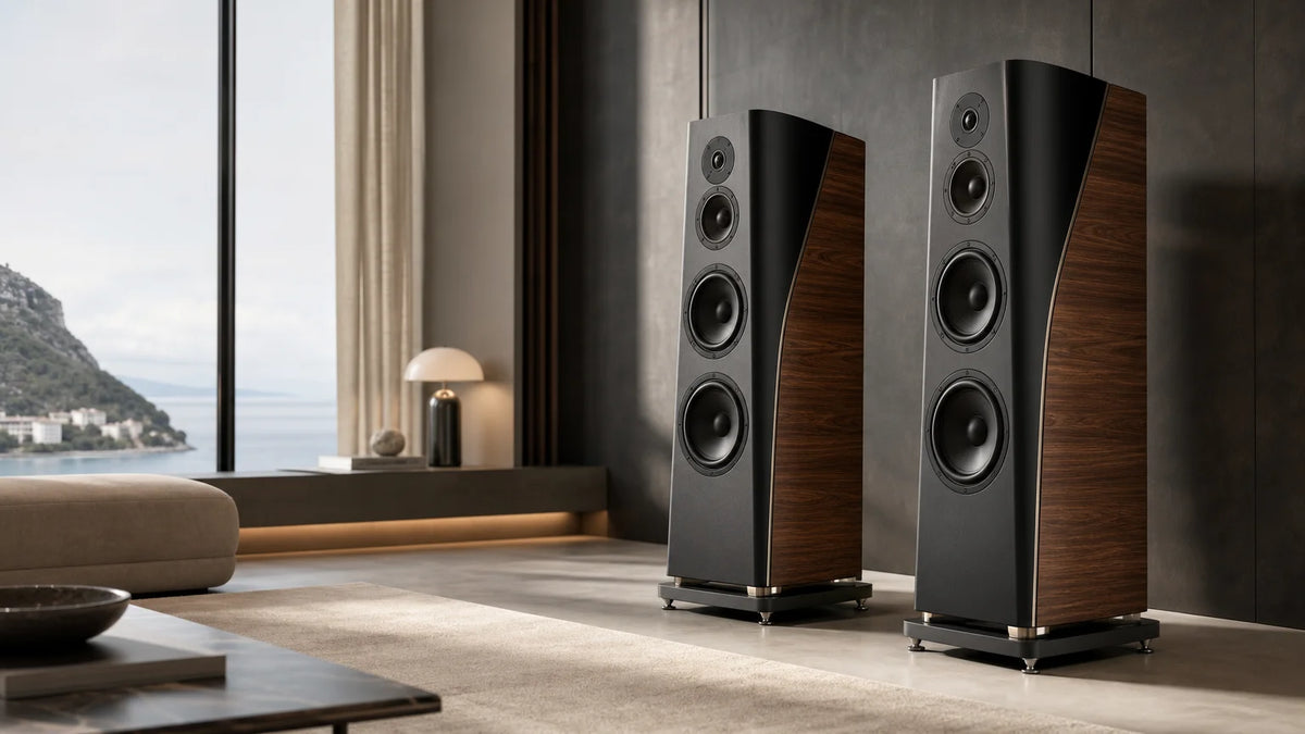 Sculptural floorstanding designer speakers in a refined contemporary listening room
