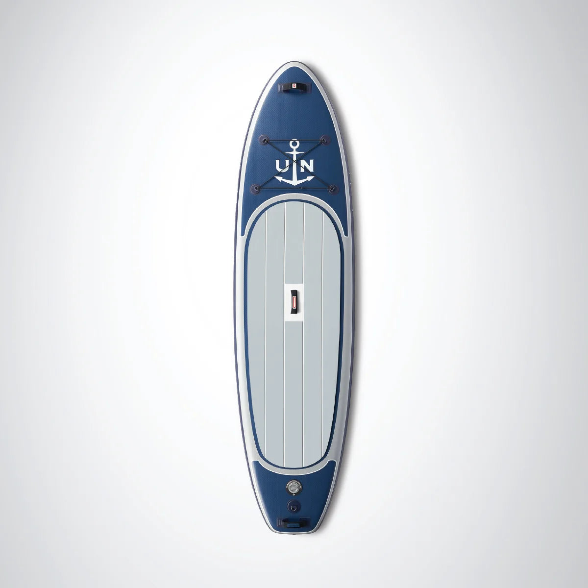 Blue and gray stand-up paddleboard shown from above with a long narrow shape, gray central deck pad, and visible front and rear fittings.