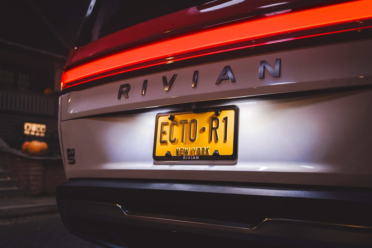 Rivian Ecto-R1 Halloween campaign — rear lighting and Ghostbusters-inspired licence plate
