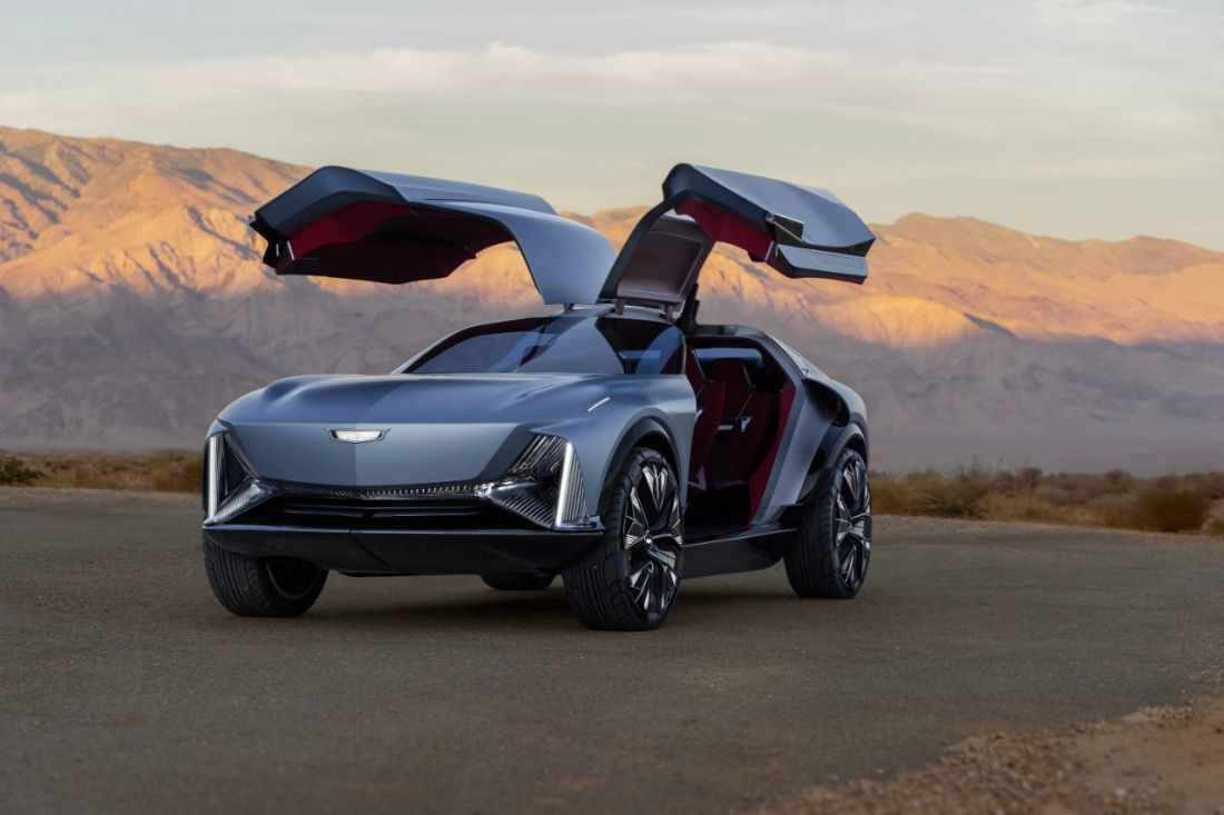 Cadillac Elevated Velocity concept with gull-wing doors open in the desert