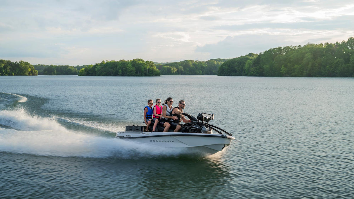 2027 Yamaha CrossWave in Mist Grey, on the water