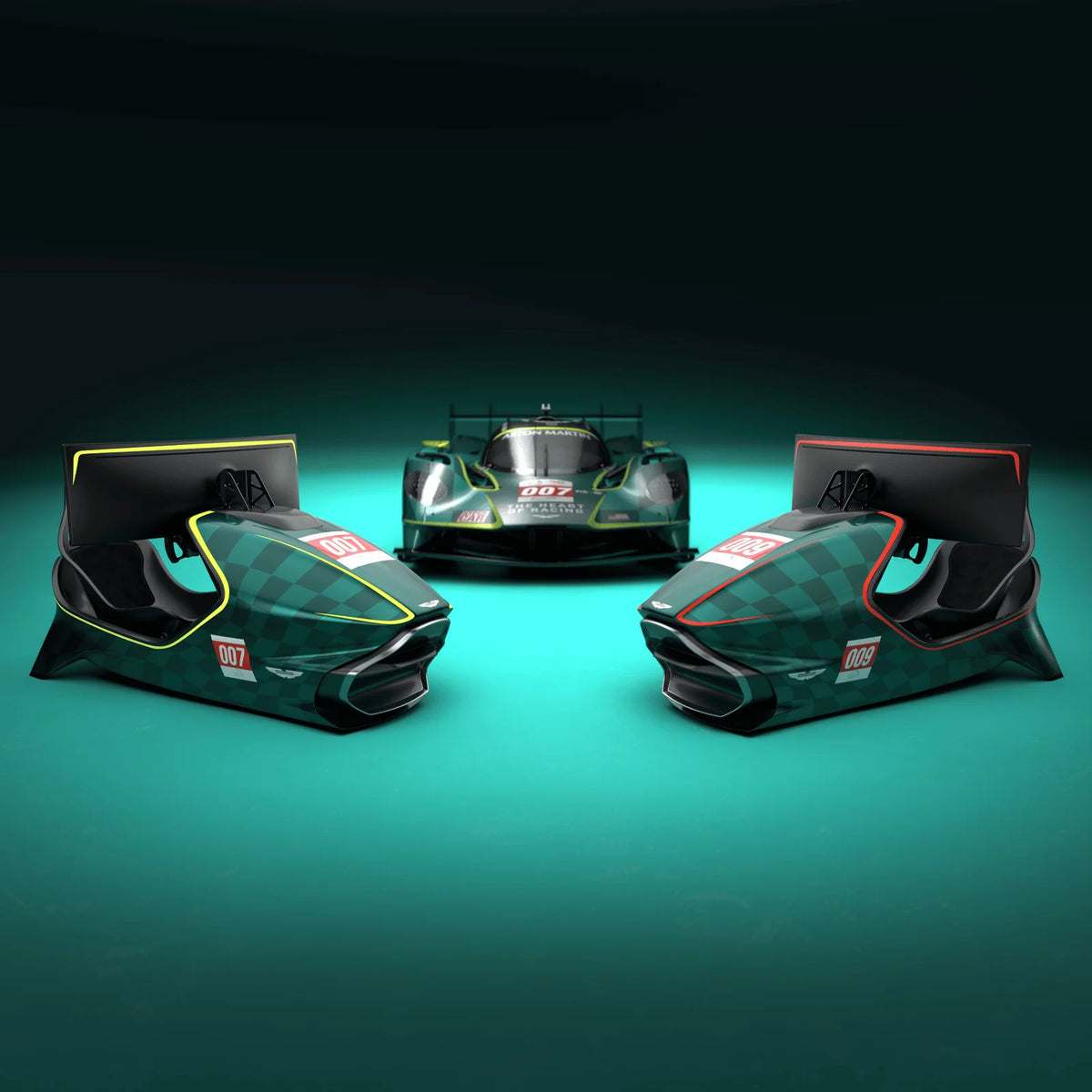 Three enclosed racing vehicles arranged on a turquoise-lit studio surface, each with aerodynamic bodywork, enclosed cockpit areas, and rear wings.
