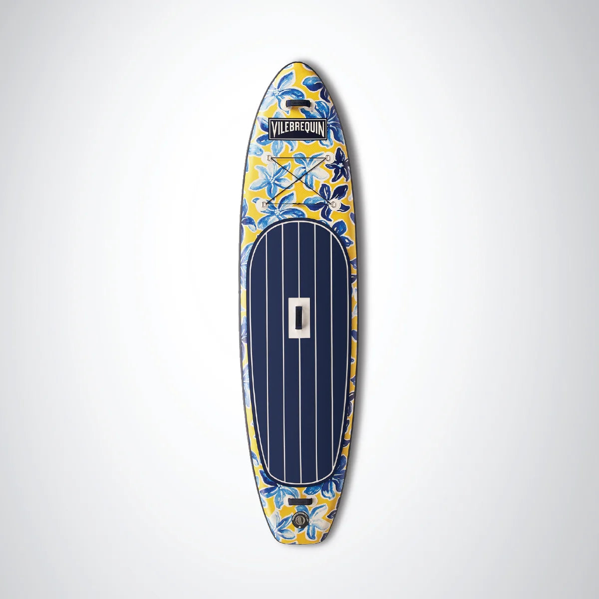 Patterned Vilebrequin paddleboard with blue, yellow, and white motifs and a navy central traction pad