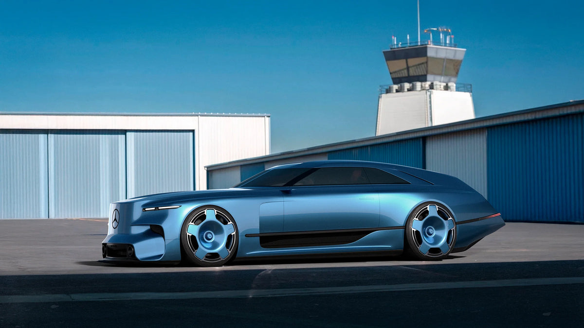 AMG MACH 3 by Ádám Csesznok — blue concept in profile beside an aircraft hangar
